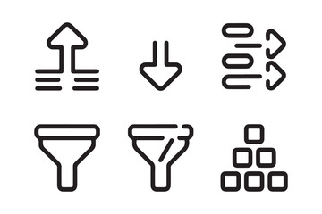 Collection of six simple outline icons representing data processing and organization