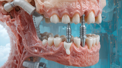 Dental implants in human jawbone anatomy illustration