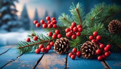 Festive christmas pine branch with red berries and pine cones on a wooden surface