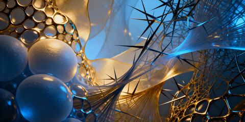 An abstract fusion of organic cellular structures and synthetic fiber networks, echoing modern biotech aesthetics