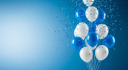 Bright blue and white balloons floating upwards with shimmering confetti against a soft blue gradient background