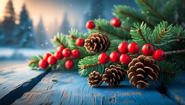 Festive christmas tree branches with pine cones and red berries on a wooden table - Powered by Adobe