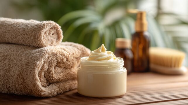 Cream for Pain Relief on Wooden Surface in a Physiotherapy Room With Towels and Natural Decor