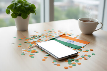 indian flag with smartphone and tricolor confetti on desk for independence day