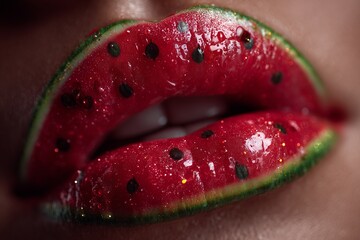 Glossy red lips part to reveal juicy watermelon slices, blending sensuality, freshness, and playful indulgence. The image captures vibrancy, temptation, and summery delight.