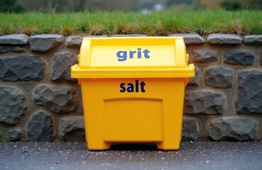Naklejka premium Bright yellow grit salt bin stands on pavement near stone wall. Container full of deicing material. Roadside saltbox for winter maintenance. Preparing public spaces for cold season.
