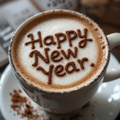 Happy New Year latte art written in frothy cappuccino with festive warm presentation