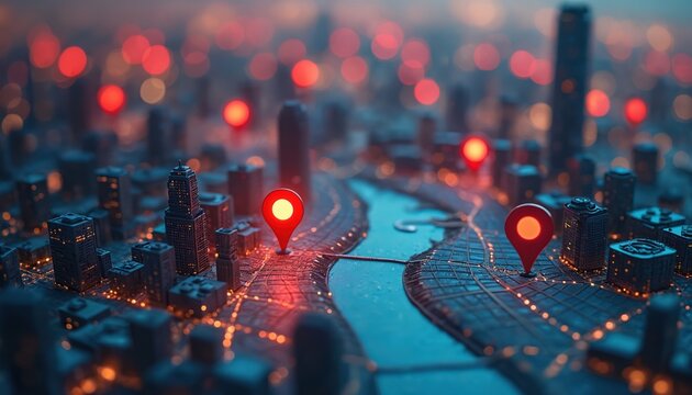 Abstract digital cityscape map shows glowing data network lines through dark buildings. Red location pins mark key points in modern tech smart city grid. Represents urban smart tech, local SEO, lead