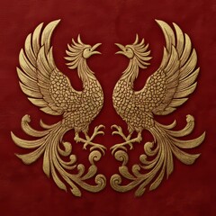 Obraz premium Two golden phoenixes confront each other against a luxurious red background with chinese symbolism