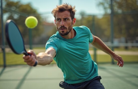 Man plays pickleball outdoors on court, hitting ball with paddle. Focuses intensely during match, showing athletic skill and competitive spirit. Active recreation and sport.