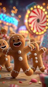 Un grupo de jengibre bailando en un parque de atracciones de dulces.