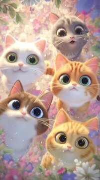 Cuatro adorables gatitos de diferentes colores posan entre una exuberante explosi&oacute;n de flores.