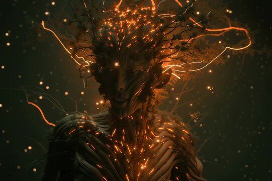 Retrato de una figura humana envuelta en llamas y fragmentos de luz, evocando una sensaci&oacute;n de dolor, transformaci&oacute;n y poder latente.