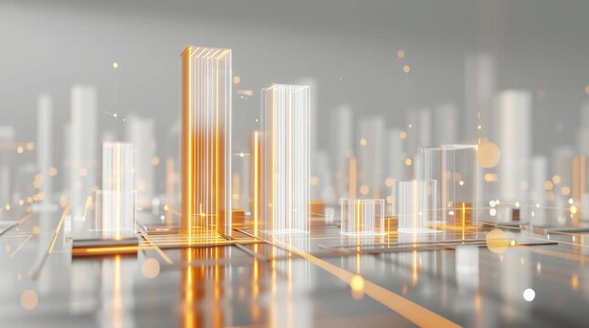 Una representaci&oacute;n art&iacute;stica de una ciudad futurista con edificios transl&uacute;cidos iluminados por una luz dorada.