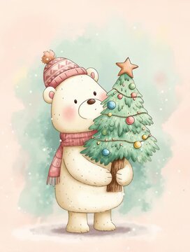 Un adorable oso polar con un gorro y bufanda navide&ntilde;os sostiene un peque&ntilde;o &aacute;rbol de Navidad decorado.
