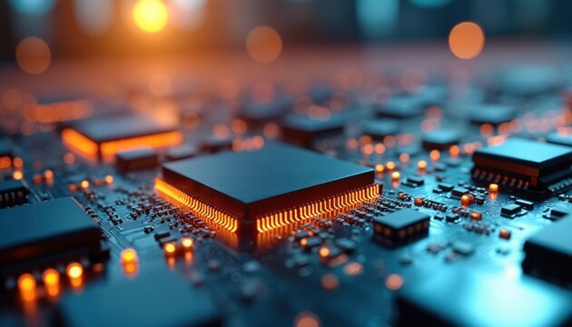 Close up of modern circuit board shows many microchips with bright orange glowing connections. Fast data processes flow through intricate integrated tech components. Advanced hardware vital for high