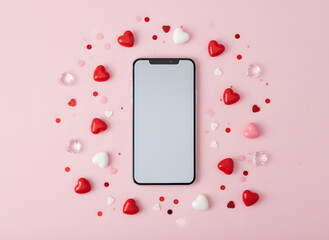 smartphone mockup with red and white hearts on pink background for valentines day promotion