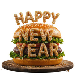 Happy New Year greeting sculpted from burger layers with sesame bun and fresh greens