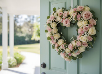 valentines day door decoration with heart flower wreath and pastel outdoor home setting