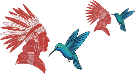 Native american chief with hummingbird in flight cultural heritage illustration