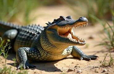 Obraz premium Freshwater crocodile rests on sunny dry land. Powerful jaws wide open, revealing rows of sharp teeth, orange tongue inside mouth. Wild reptile displays strength outdoors in natural habitat. Ancient