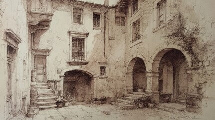 Fototapeta premium A quaint courtyard in a historic village features textured stone walls, arched doorways, and potted plants. The scene captures the peaceful atmosphere of a sunny afternoon.