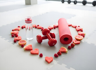 heart-shaped fitness flat lay with dumbbells, yoga mat, and water bottle on gym floor