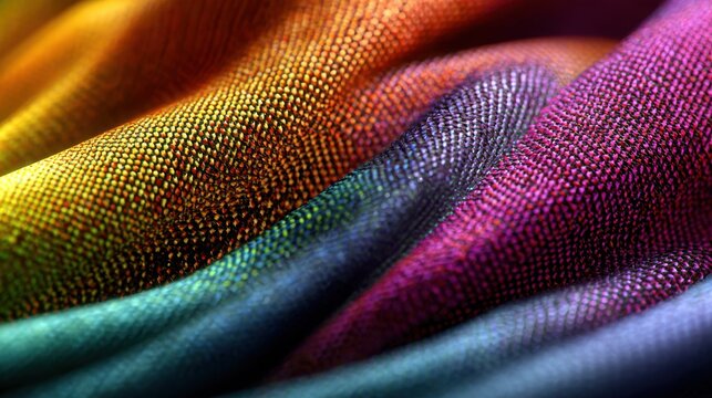 Brightly colored fabric folds elegantly, showcasing rich textures and vibrant hues under soft lighting. The play of colors creates a striking visual appeal for textile design.