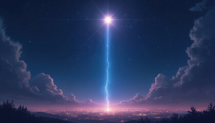 Fototapeta premium Bright star above night city lights. Blue lightning bolt connects celestial body to planet earth. Starry sky with clouds, cosmic energy flows.