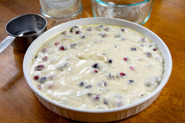 Thick homemade cranberry cake batter being mixed and prepared in a bowl for baking. Showing rich texture and suspended fresh fruit.