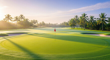 Obraz premium Serene tropical golf course bathed in golden morning sunlight with lush palm trees