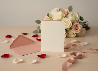 wedding invitation mockup with floral bouquet, envelope, and blank card on wooden background