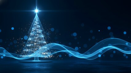 Abstract christmas tree with light streaks and bokeh on a dark blue background
