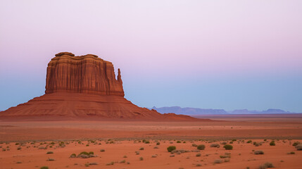 A solitary rock formation rises dramatically from the arid desert floor under a dusky sky. The landscape is expansive, emphasizing the size and shape of the outcrop.