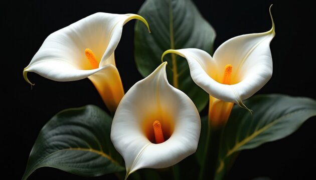 Three elegant white calla lily flowers bloom with bright yellow spadices, dark green leaves. Stand out against deep black background. Vibrant flower bouquet conveys natural beauty, grace, purity,