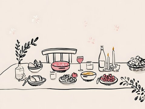 hand drawn doodle of a Christmas dinner table in a minimalist style