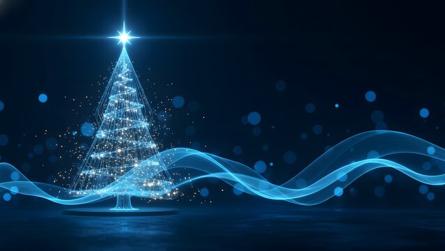 Abstract christmas tree with light streaks and bokeh on a dark blue background - Powered by Adobe