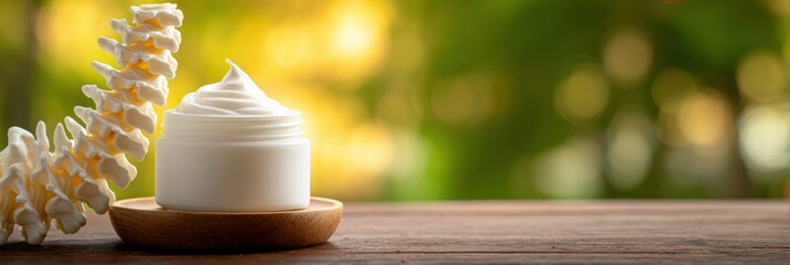 Pain Relief Cream Placed on Wooden Surface in a Blurred Physiotherapy Room Background With Spine Model