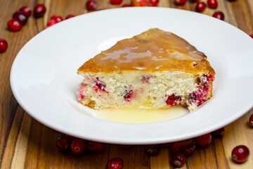 Final served slice of homemade cranberry cake with lemon glaze, showcasing the moist crumb and glistening drizzle on a clean white plate. Delicious dessert.