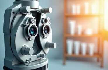 Phoropter machine lens for eye exam in clinic. Ophthalmology tool for vision test. Optometrist checks eyesight health using optical equipment. Modern medical device for sight.