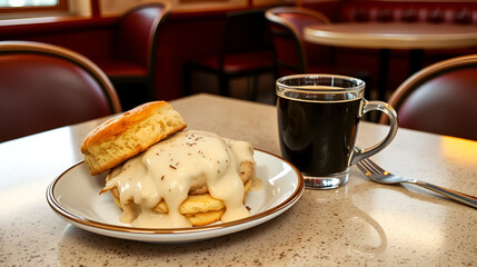 a diner setting with biscuits and gravy served with coffee