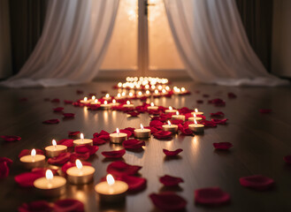romantic candlelit hallway with rose petals creating a glowing path for proposal or wedding