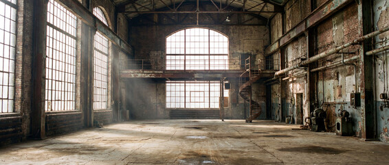 Fototapeta premium Abandoned industrial warehouse with natural light and dust 