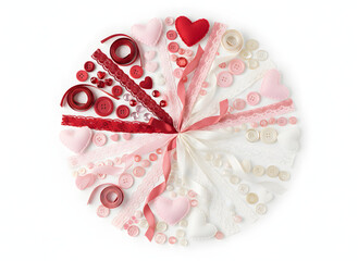handmade valentines craft background with ribbon wreath and heart ornaments isolated on white