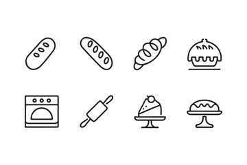 Hand drawn bakery icons featuring bread pastries oven and cake