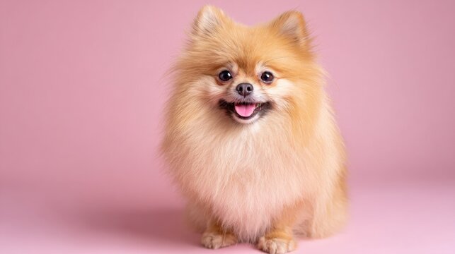 A fluffy Pomeranian dog sits smiling against a soft pink background. Its fur is vibrant, creating a cheerful and warm atmosphere perfect for pet lovers. - Powered by Adobe