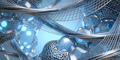 An abstract fusion of organic cellular structures and synthetic fiber networks, echoing modern biotech aesthetics