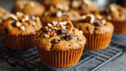 Freshly baked chocolate chip muffins cooling on a wire rack in a warm kitchen. Each muffin has a crunchy topping of nuts, adding texture and flavor.