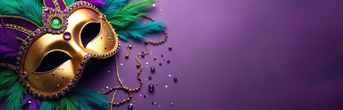 Festive gold mask with feathers and jewels on violet backdrop. Beads add beauty. It is ready for mardi gras. Carnival celebration background with mask and necklaces. Copy space is great for text.