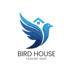 Blue bird flying with a house on its back or a house silhouette, representing real estate or safe shelter Vector logo template